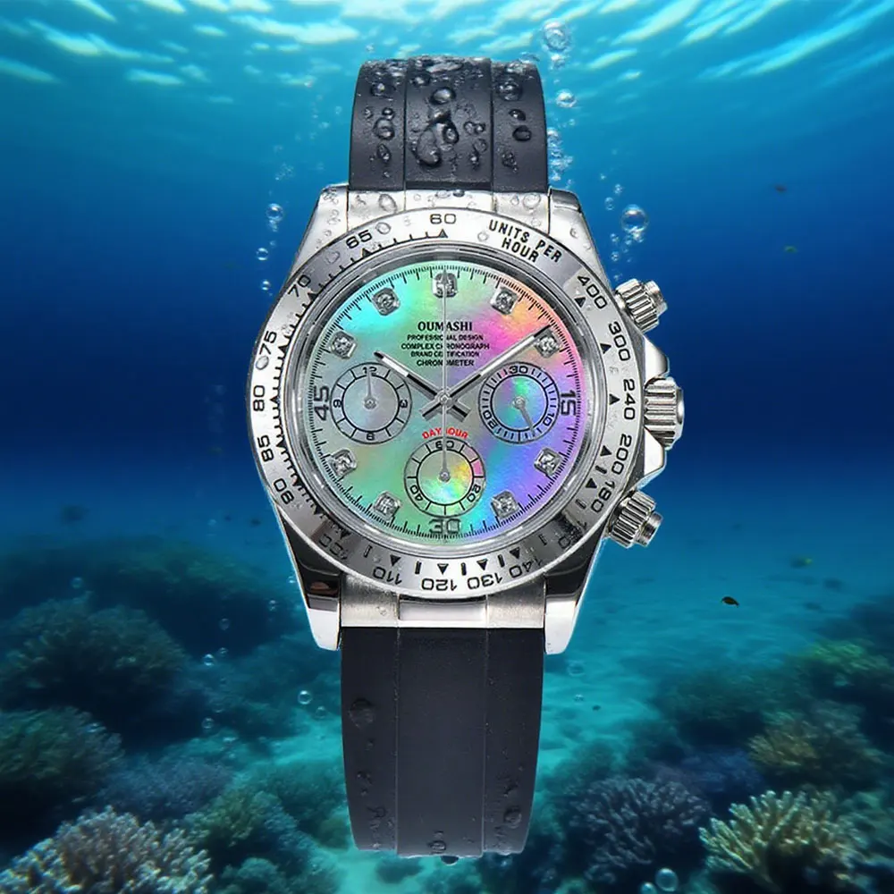 

39mm silver men's wristwatch VK63 movement quartz chronograph sapphire glass rubber luxury business men's custom watch