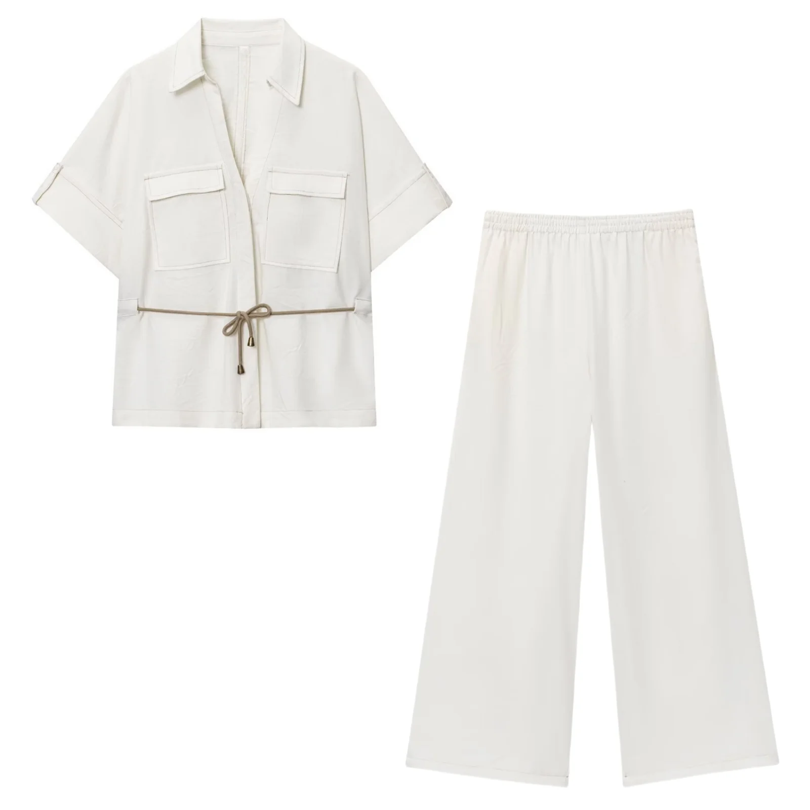 

MYST&ZA2025 Новые летние женские повседневные пригородные карманы, льняные смешанные рубашки на шнуровке, топы + широкие брюки в праздничном стиле