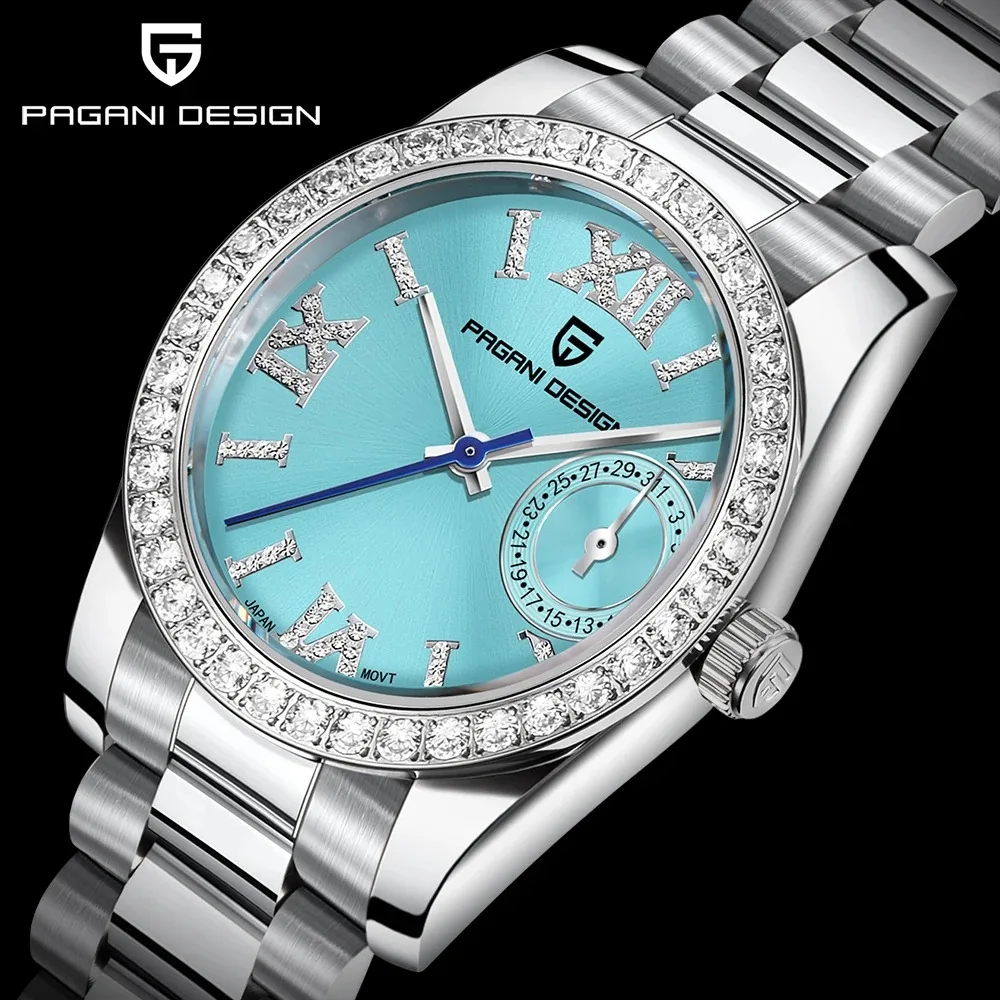PAGANI DESIGN Minimalist Elegance Ladies Quartz Watch Stainless Steel Diamond Bezel Sapphire Crystal 100m Diving Calendar Reloj