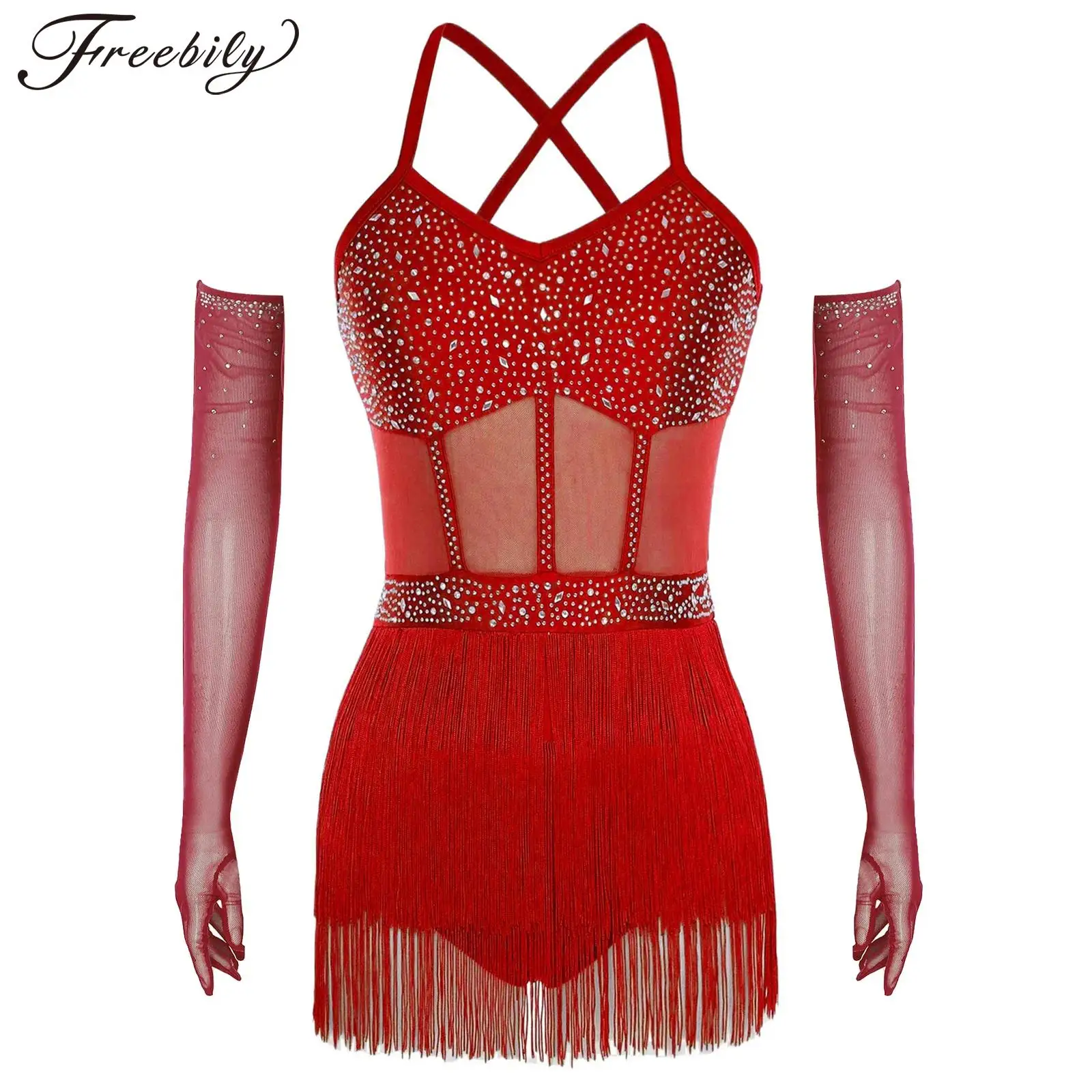 

Женский купальник для фигурного катания, латинских танцев, блестящие стразы, прозрачная сетка, боди с кисточками, танго, ча-ча, бальное платье для самбы, румбы