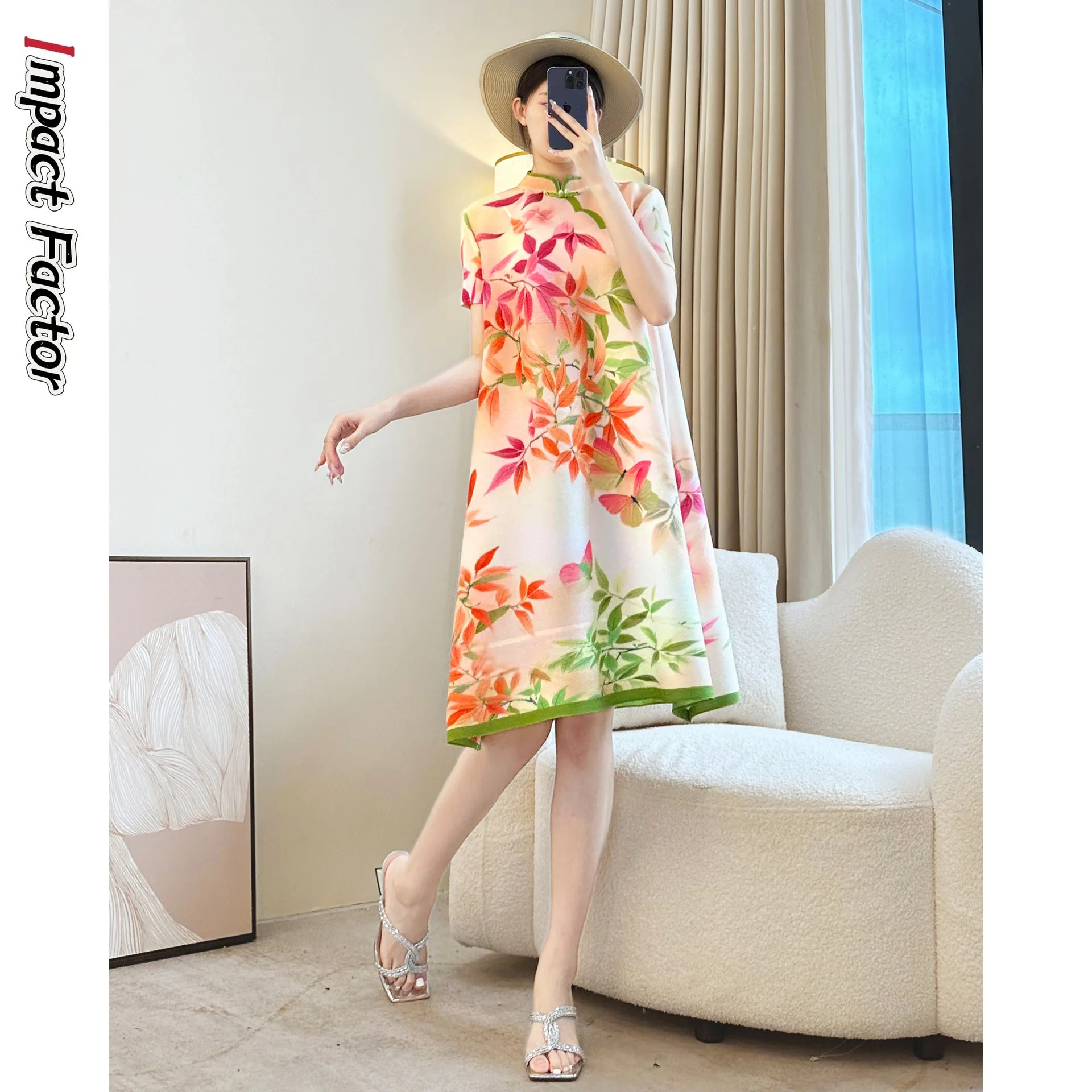 

Miyake Pleated Summer New Dress Loose Print Short Sleeve Stand-up Collar Fashion Light Luxury Medium Long Dress Women's Clothing