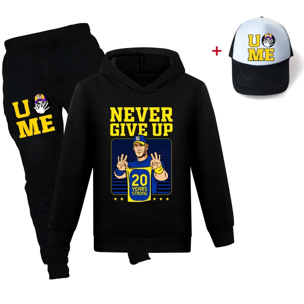 Kids John Cena Never Give Up Green Hoodie New Sport Boys Girls Pullover Tshirts Autumn Sweatshirt Tops+pants+sunhat 3pcs sets