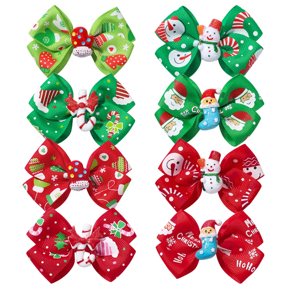 8pcs 2025 New Children's Santa Claus Candy Cute Hairpin Printed Bow Baby Sweet Hair Accessories