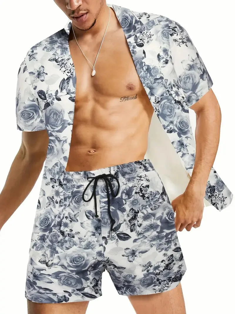 Conjuntos de camisa de praia manga curta masculina, conjuntos casuais de férias, camisetas estampadas moda verão