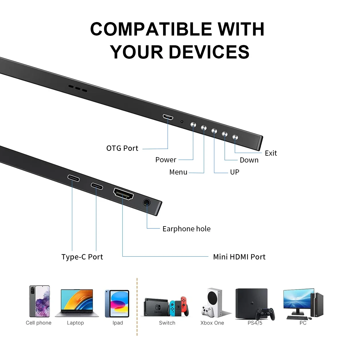 Imagem -04 - Monitor Portátil Fhd Display de 156 1920x1080 Tela Ips Hdmi tipo c Ps4 Xbox Switch pc Laptop 100 Srgb 3.0 Usb