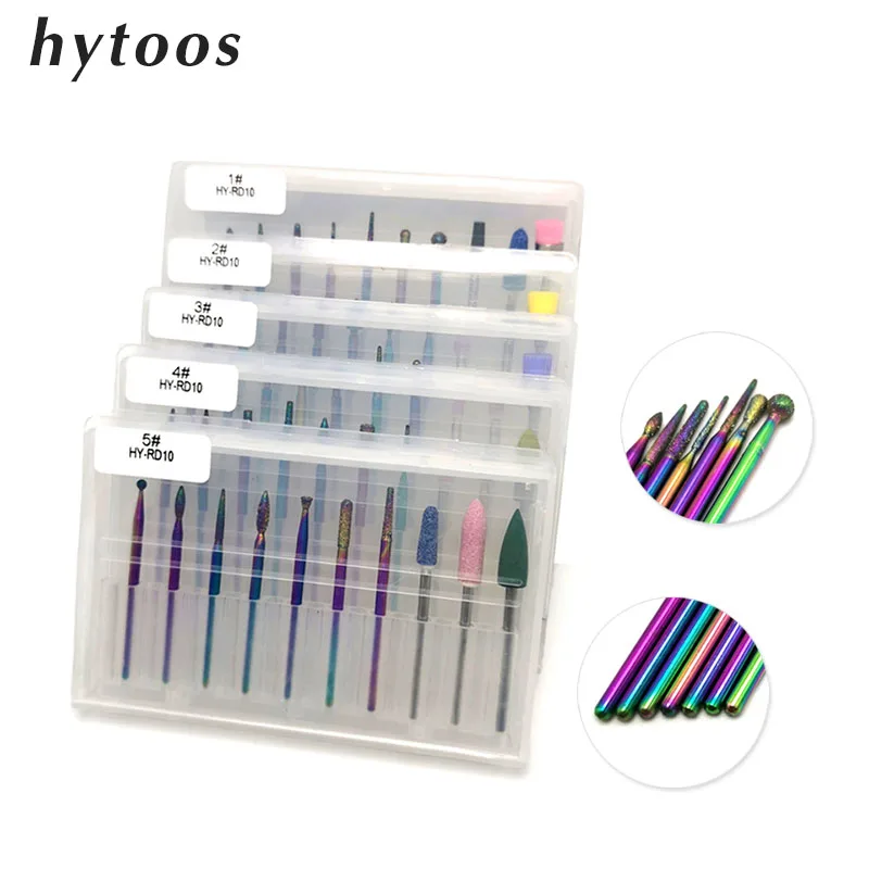 

HYTOOS 10Pcs/Set Rainbow Diamond Nail Drill Bit Cuticle Clean Grinding Head Burr Electric Manicure Drills Accessories