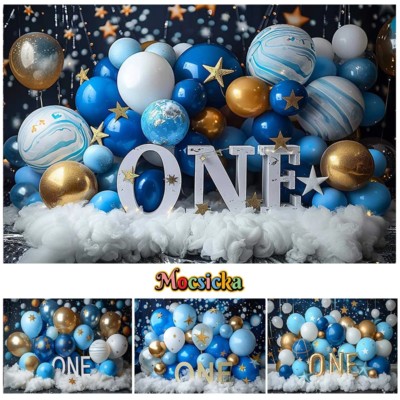 

Mocsicka Photography Background 1st Birthday Party Cake Smash Baby Shower Planet Balloons Clouds Decor Backdrop Photo Studio