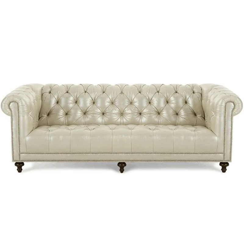 Retro yellow cowhide lemon yellow buckle three-person sofa, European-style villa living room full leather luxury