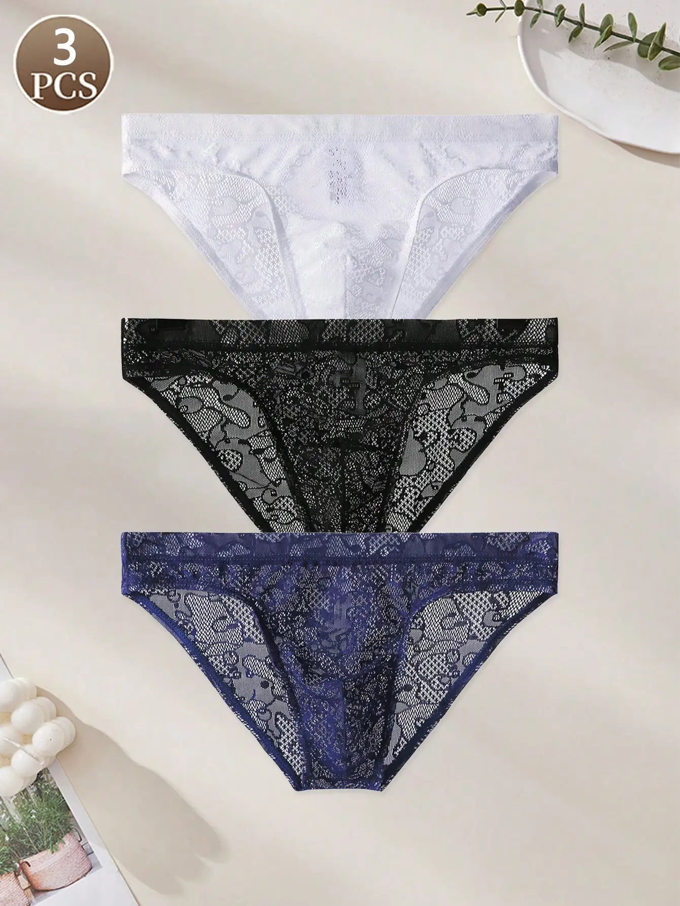 

3PCS solid color jacquard sexy lace hollow Men's low waist seamless semi transparent fashionable brief