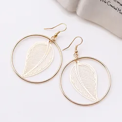 Round Circle Leaf Earrings Exquisite Filigree Stampling Earrings Simple Fashion Style for Daily Wearring