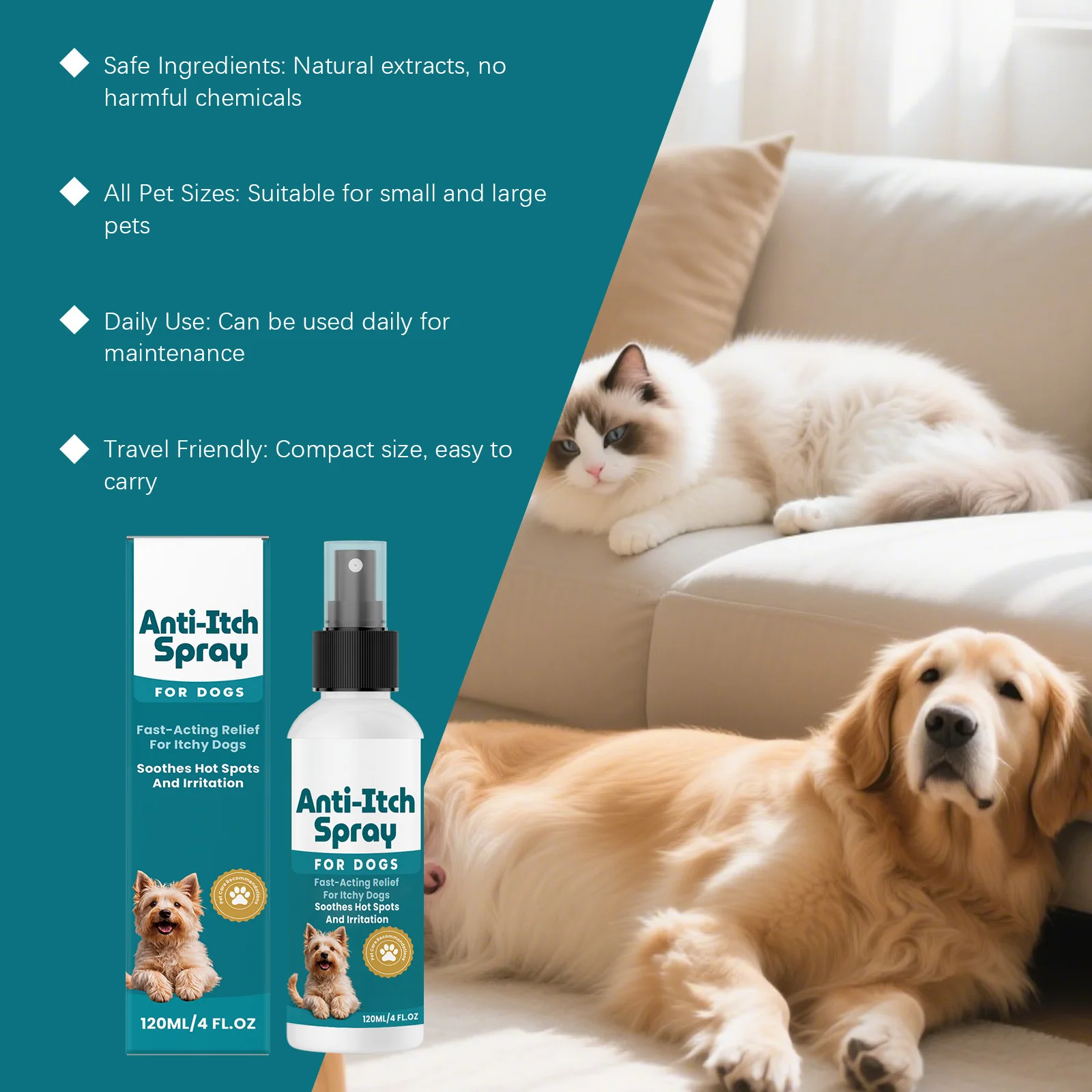 Hundespray gegen Juckreiz, sanft beruhigt gereizte Haut, lindert Juckreiz und Beschwerden, sicher und natürlich für Hunde jeden Alters, Hautpflegespray 120ml – Detail 6
