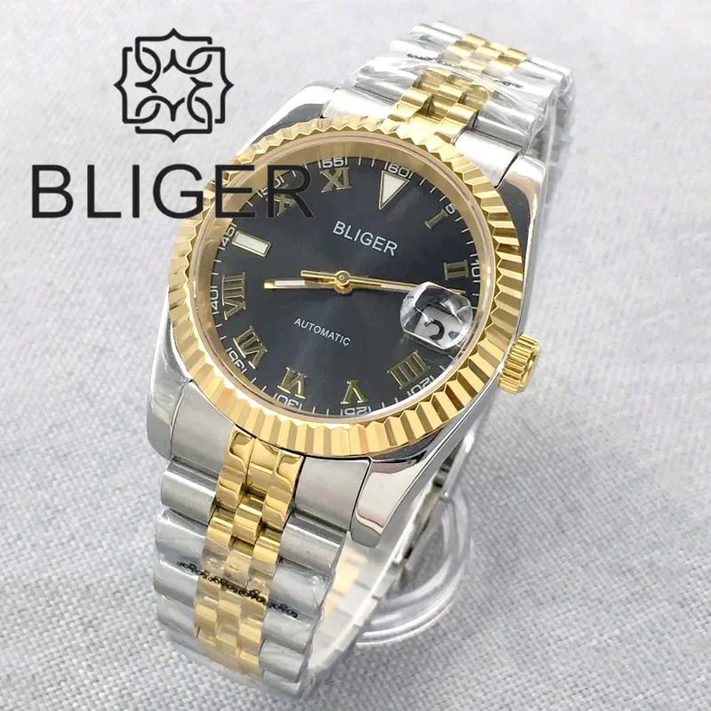 

BLIGER 36mm/39mm Watch For Men NH35 Mingzhu Miyota PT5000 Movement Fluted Bezel Sapphier Glass Gray Dial Two-tone Gold Jubilee