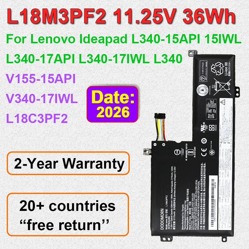 Batería para portátil L18M3PF2 L18C3PF2 para Lenovo IdeaPad L340 L340-17API L340-17IWL L340-15API L340-15IWL V155 V340-17IWL 11.25V 36Wh
