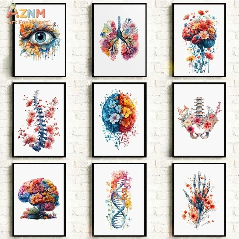 AZNM Floral Anatomy Canvas Wall Art Watercolor Human Organ Spine Eye DNA Brain Poster Print Medical Clinic Office Decor Unframed