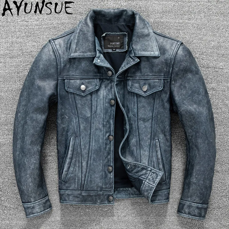 AYUNSUE Top Layer Cowhide Genuine Leather Men's Jacket Stone Washed Distressed Real Leather Coat Fashion Outerwear Man Clothing