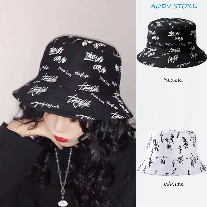 

Women's Japanese Letter Embroidered Fisherman Hat Men's Spring and Summer Double-sided Printed Visor Hat Couple Bucket Hat