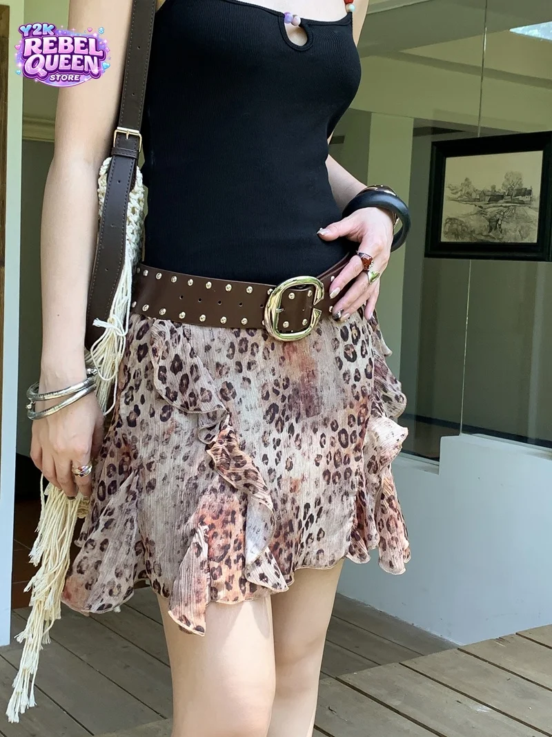 American Vintage Y2K Streetwear Leopard Print Glitter Ruffle Hem Bodycon Mini Skirt Women's Casual Night Out Fashion Clothes