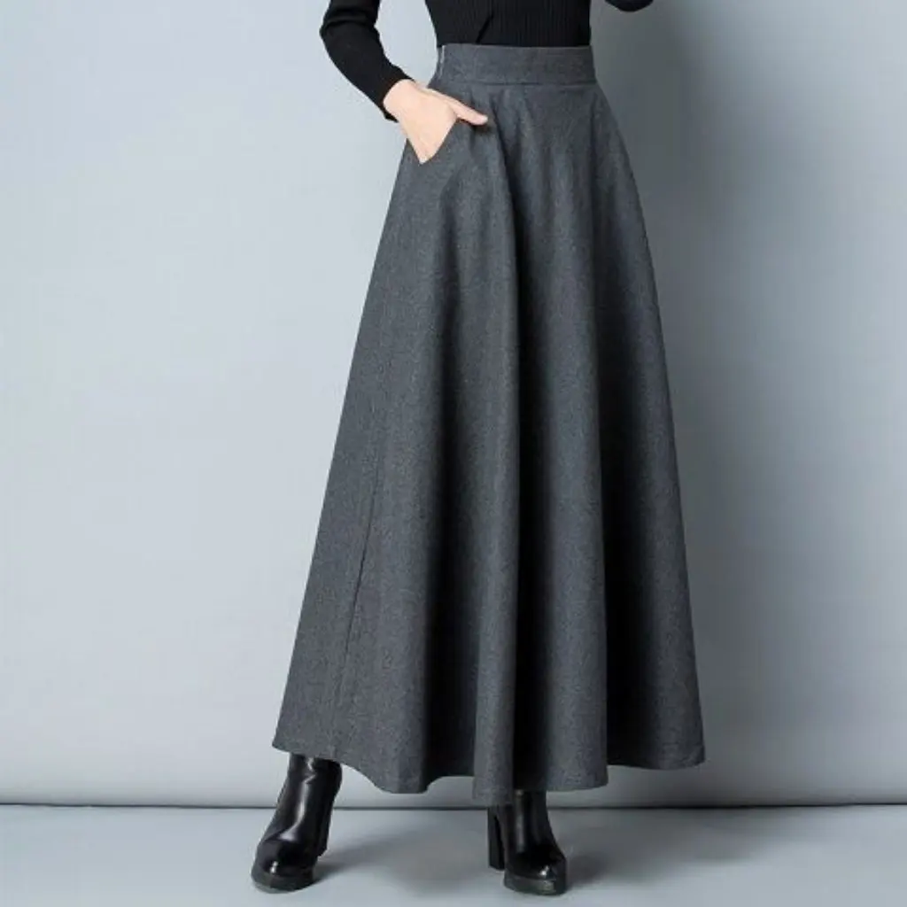 

Pure Color Woolen Skirt for Women High Waist Mid-Length A-Line Skirt with Large Hem Autumn Winter Large Size Fashion Accessory