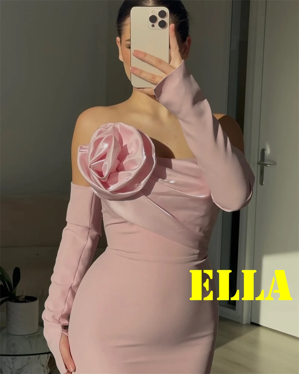 

Customized Temperament Pink Jersey Evening Dress High Quality Strapless Long Sleeves Celebrity Gowns Exquisite Party Dress
