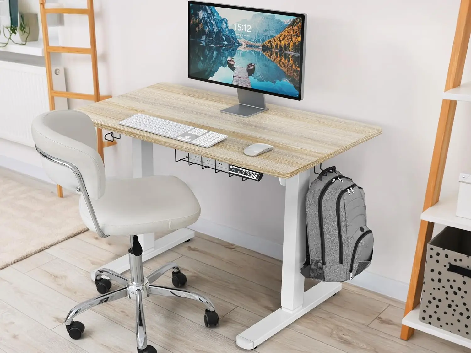 40 x 22 Inches Electric Height Adjustable Sit to Stand Desk, Maple | with Hanging Hooks and Cable Management, White Frame and Ma