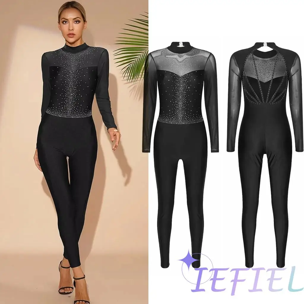 

Women Rhinestone Figure Skating Bodysuit Strappy Back Dance Costume Rhythmic Gymnastics Jumpsuit Stage Wear Jazz Dance Bodysuit