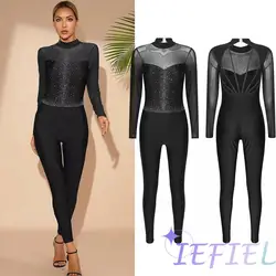 Women Rhinestone Figure Skating Bodysuit Strappy Back Dance Costume Rhythmic Gymnastics Jumpsuit Stage Wear Jazz Dance Bodysuit