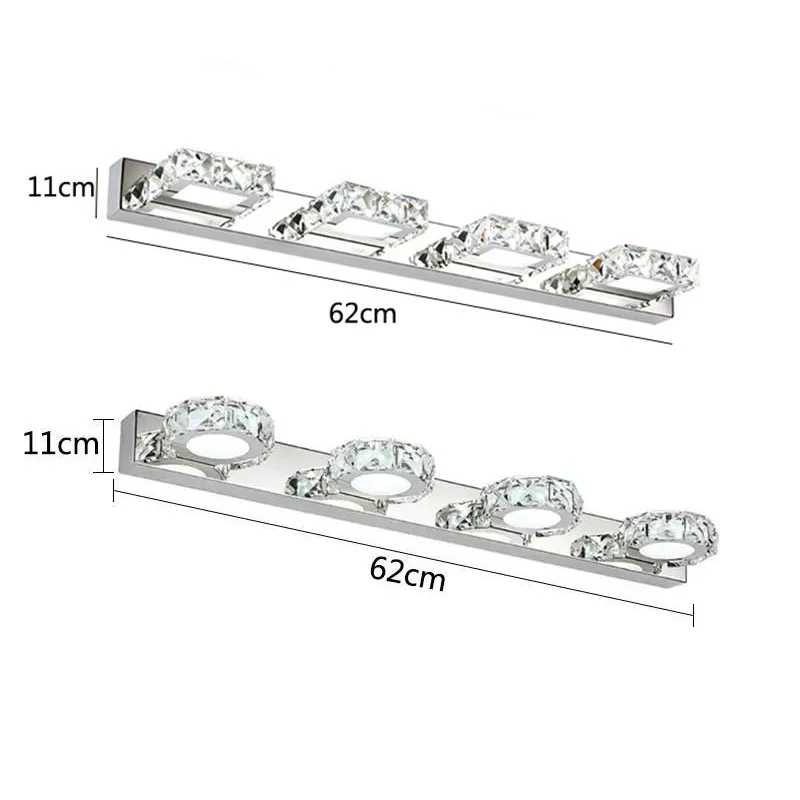 사각형 LED 거울 조명, 욕실 화장실용 원형 크리스탈 벽 램프, 2-4 헤드 스테인레스 스틸 실내 조명 기구