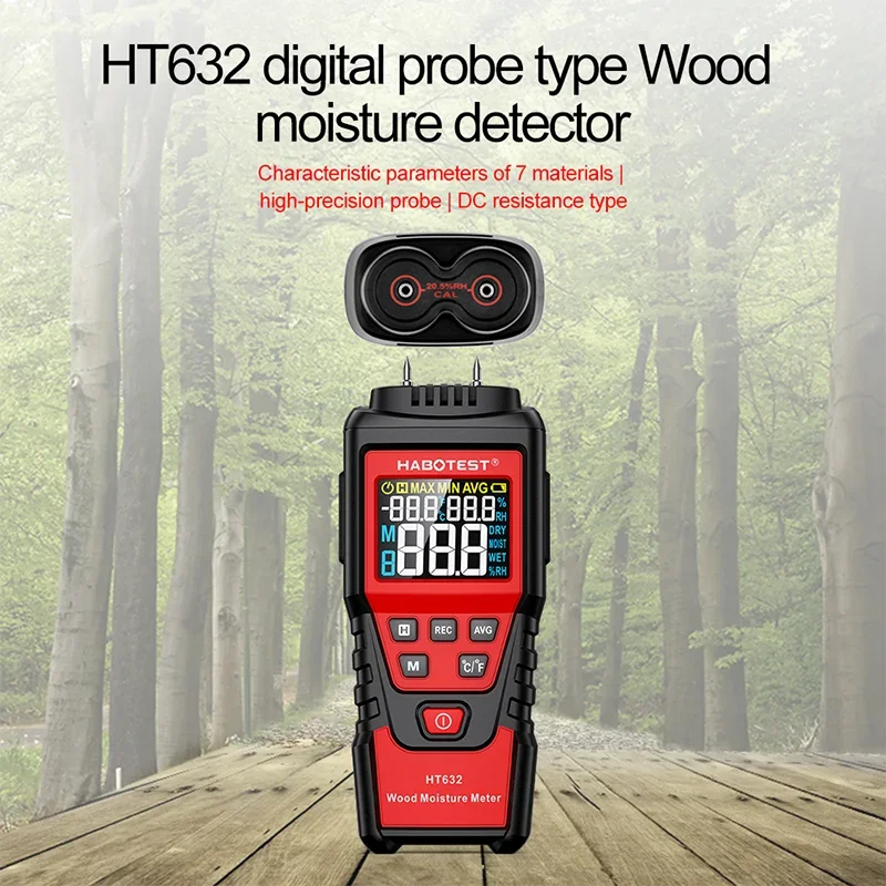 HT632 Wood Moisture Meter 0-58% Pin Type Digital Humidity Tester Timber Wall Dampness Detector Seven Material Selection Mode