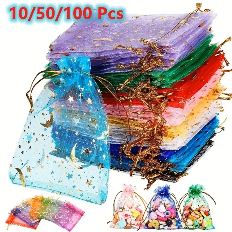 10/50/100 Stück gemischte Farben Mondstern-Gaze-Beutel mit Kordelzug, transparente Schmuck-Geschenktüte, geeignet für verschiedene Urlaubshochzeiten