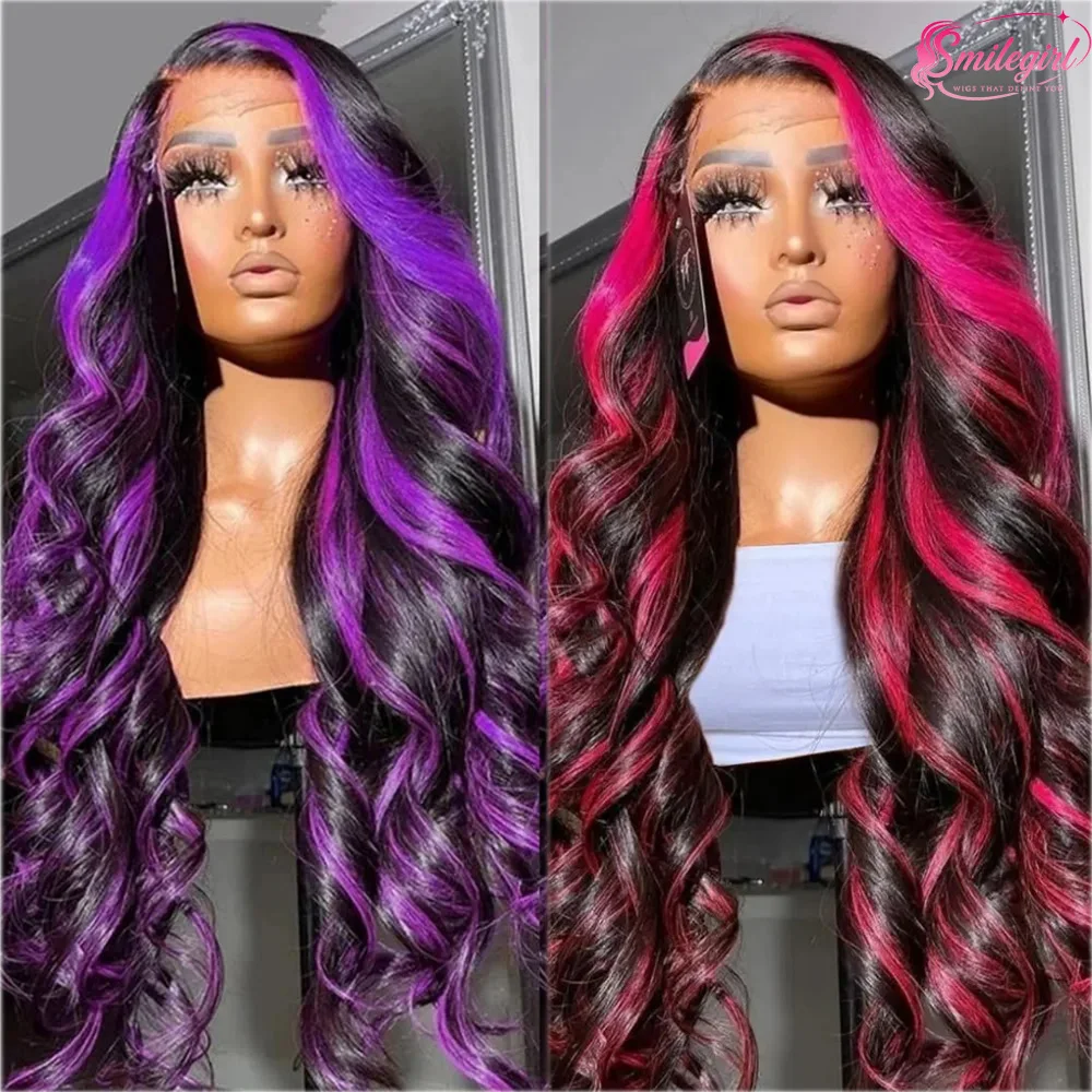 Smilegirl 28 Inch Ombre Purple Pink Highlight Body Wave Lace 13x6 1B/Pink Human Hair 200% Density Highlight Wig 1B/Purple 13x4 Lace Synthetic Human Hair For Women Daily Wear Cosplay Party Wig