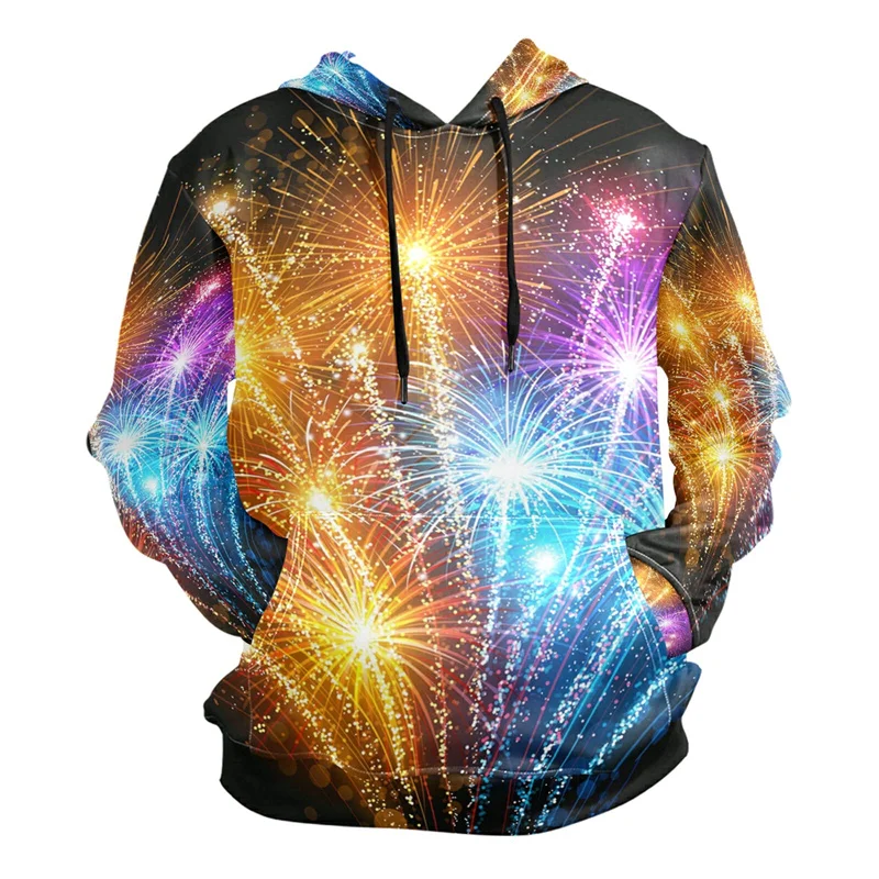 Colorful Fireworks Pattern Hoodie For Men Christmas Tree 3D Printed Long Sleeve Casual Pullover Tops Hoodies Loose Sweatshirt