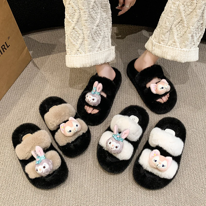 Disney Winter Star Dailu Cute Warm Home Women's Shoes Lingna BelleCartoon Height Increase Non-slip Fashion Plush Cotton Slippers