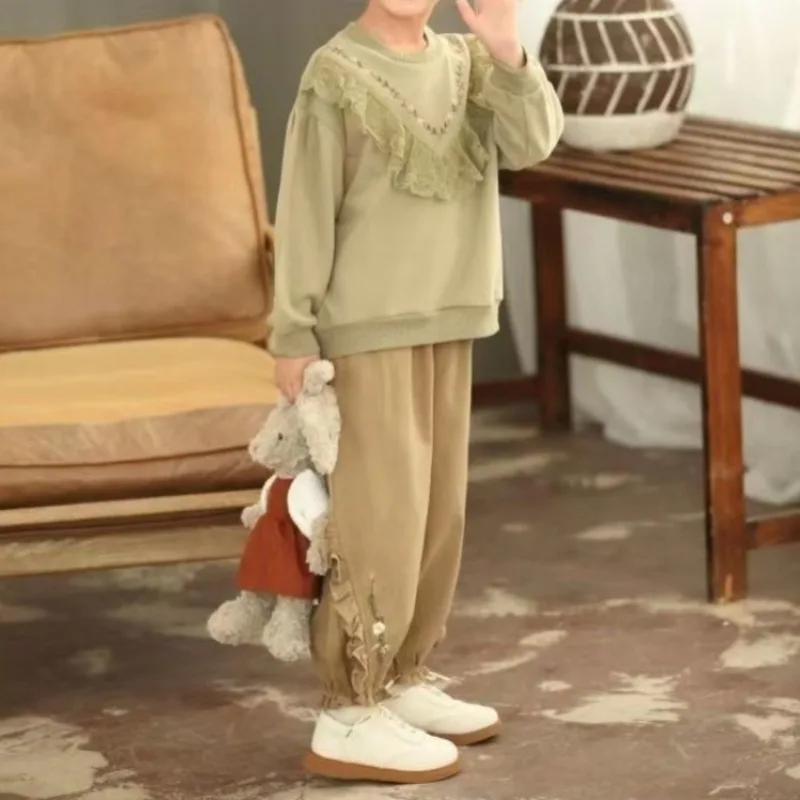2026 Autumn New Style Children's Harem Pants 5-12 Years Bohemian Korean Style with Lace Trim Elastic Waistband