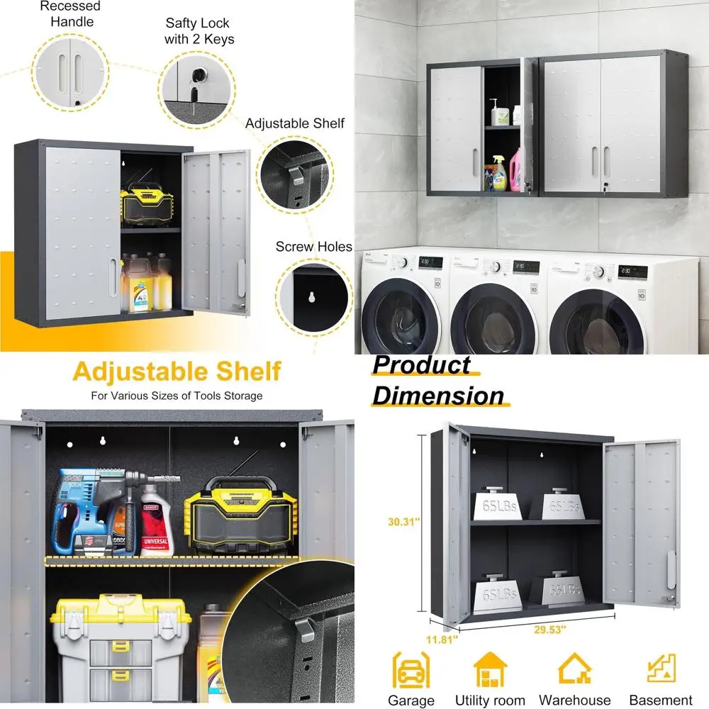 

Настенный запираемый шкаф серого цвета 30x12x30 см с регулируемыми полками для хранения в гараже, мастерской, на кухне и в ванной комнате