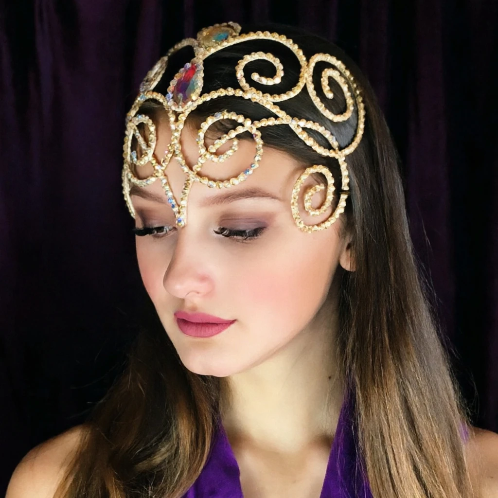 Fashion Gorgeous Belly Dance Headpiece Headband Bridal Hair Accessories Women Ballroom Hollow Colourful Rhinestone Head Chain
