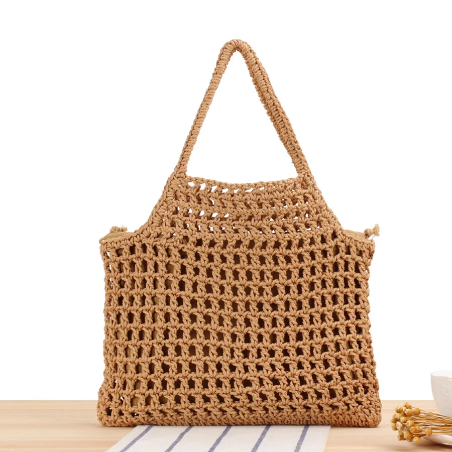 

Women Hollow Out Clutches Top-handle Bag Hand-woven Shoulder Bag with Cotton Thread Summer Beach Shopper Satchel Female Handbags