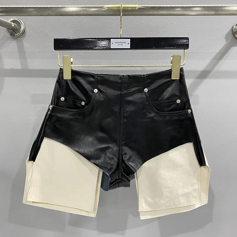 

Women's 2024 New High Waist Zipper Shaped Denim Coating Flat Corner Pocket Color Block Short Pant Trendy
