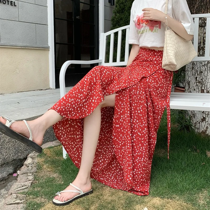 

Красная шифоновая юбка с цветочным принтом, облегающая, с завышенной талией, женская, в стиле островного отдыха, с поясом, длинная