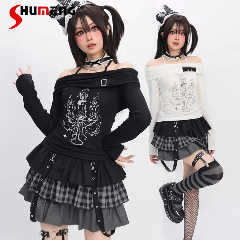 

Cartoon Cat Y2K Japanese Subculture Sweet Cool Off-Shoulder Long Sleeved Kawaii Clothes Tees 2025 Autumn Top Tshirts Pullover