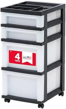 

IRIS USA 4-Drawer Rolling Storage Cart with Wheels – Black/Pearl – Ideal for Classroom, Art, Bathroom & Laundry