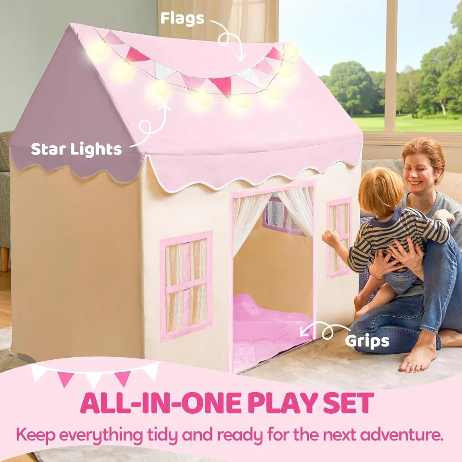 SYNCFUN tente de jeu pour tente intérieure et extérieure avec couverture lumières LED et drapeaux pour tout-petit spacieux 51*35*52 pouces Playhouse fo