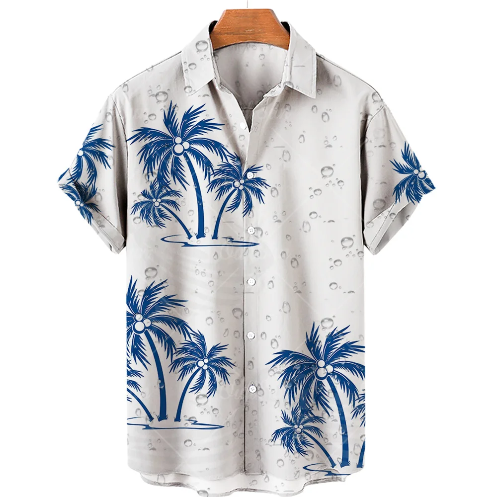 Coconut Tree Printed Hawaiian Shirt Simple Summer Style Beach Shirts Men\'s Seaside Quick Drying Short Sleeve Top Casual Men Wear