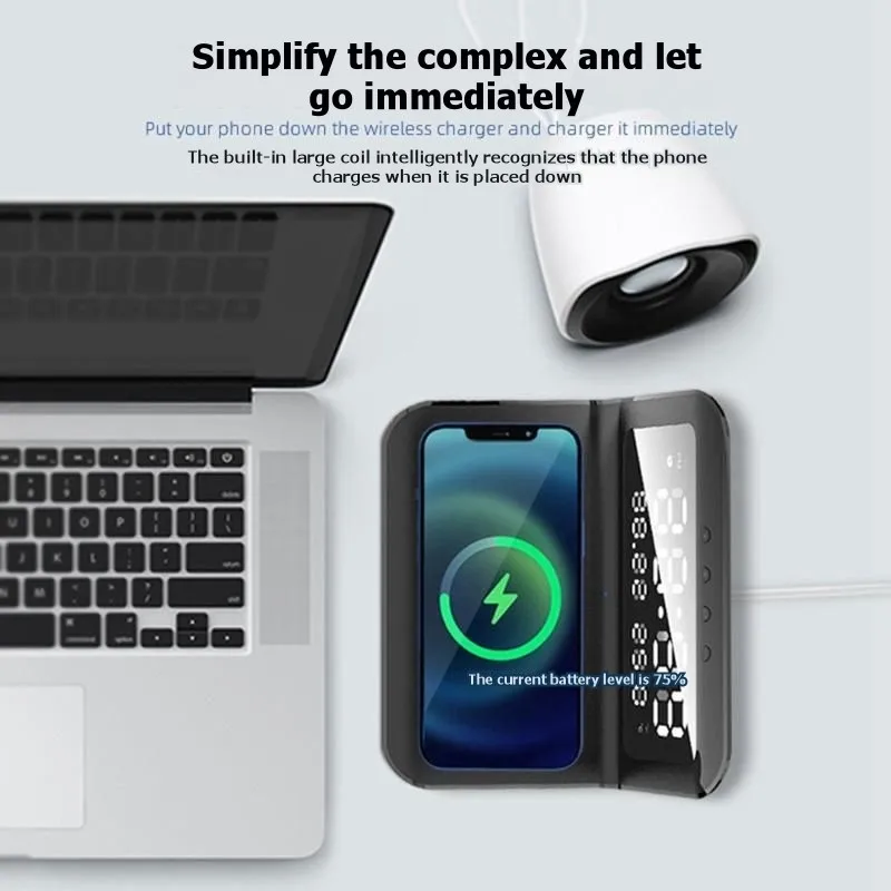ABVJ-Quick Charge Wireless Charging Desk Clock- 2-In-1 Design, Digital Display, Black