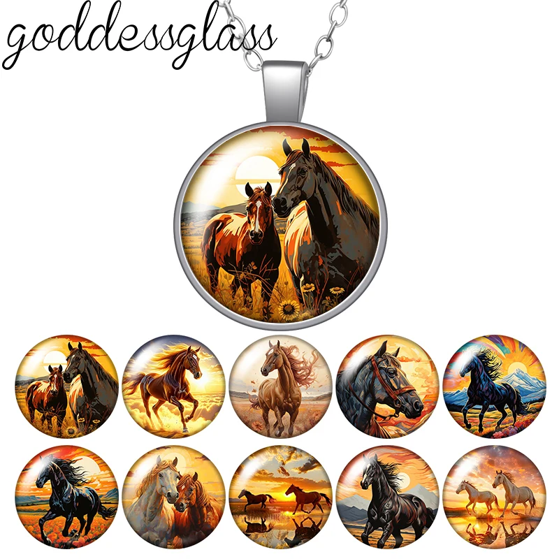 Running horse under the sunset freedom Cute Round Photo Glass cabochon silver plated pendant necklace jewelry Gift
