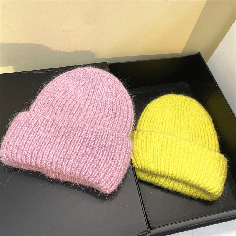 Thicken beanie cap for adult women New rabbit fur knitted hat Winter Unisex Girls Skullcap Solid plain skullies caps