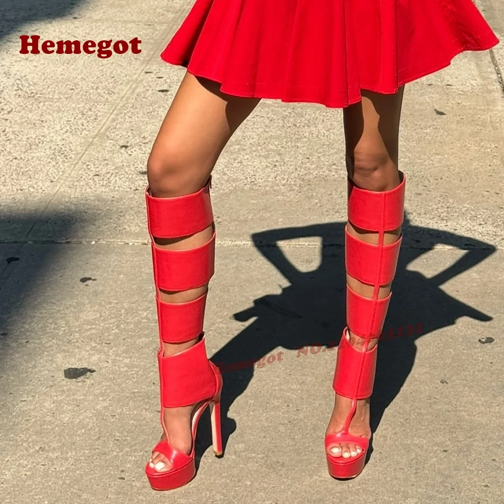 

Red Platform Cut Out Sandals T-Strap Stiletto Heels Women's Sandals Solid Back Zipper Open Toe Knee High Casual Shoes Sexy