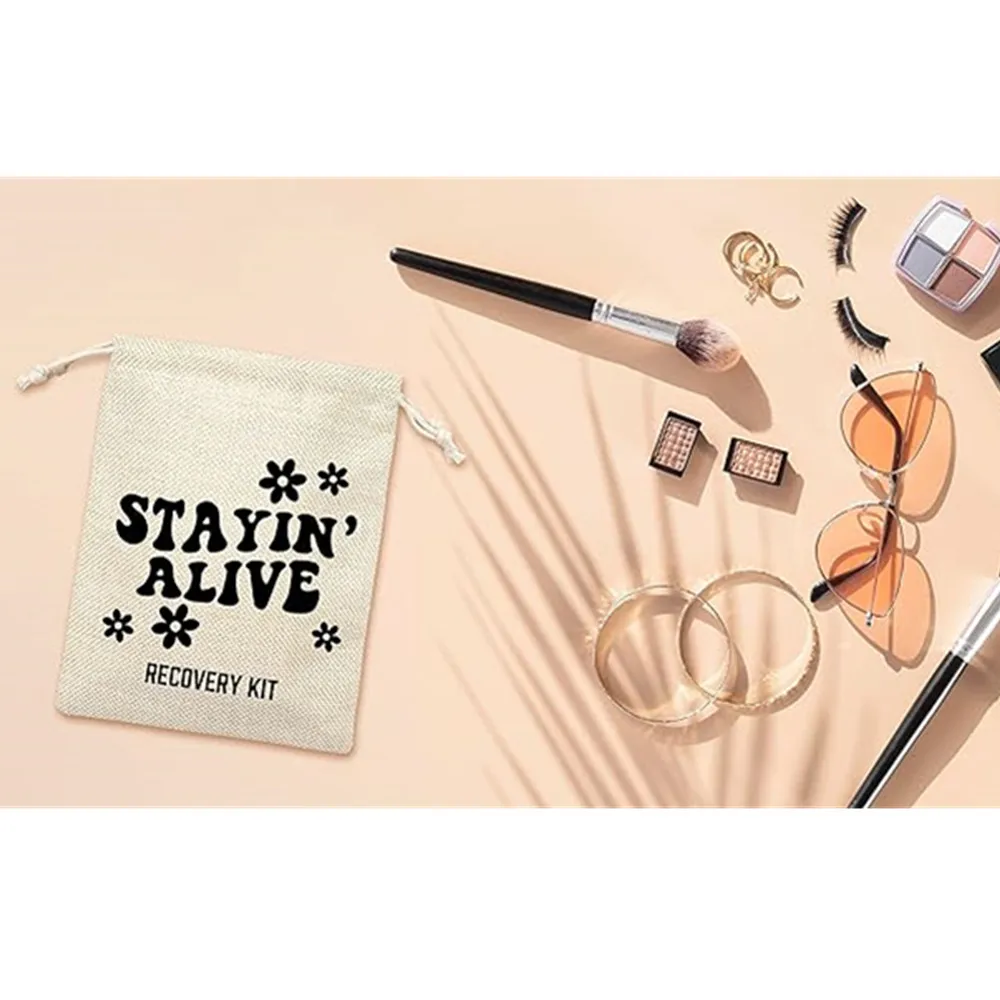 12 Hangover Kit Gift Bags - Survival Recovery Kit - Stayin' Alive Themed Cotton Gift Bags With Drawstring - Wedding/ Bridal