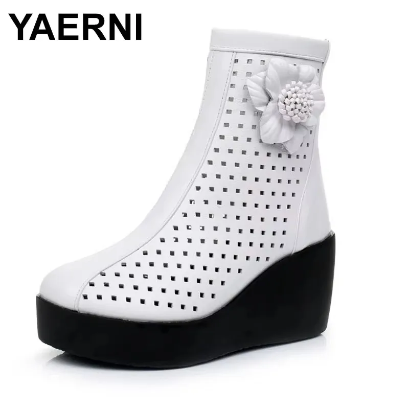 

2025 High Top Fashion Sneakers Women Genuine Leather Wedges High Heel Motorcycle Boots Female Summer Pointed