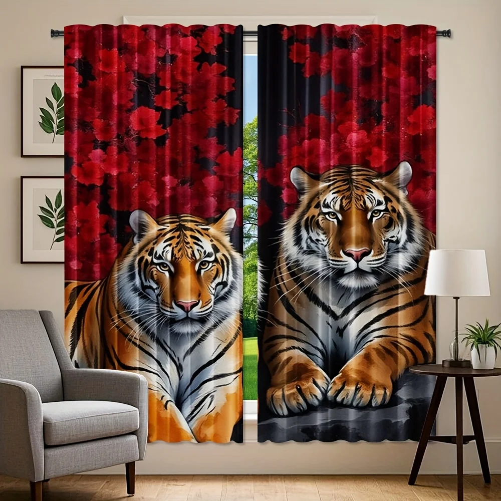 Majestic Tiger Red Maple Curtains 2 Panels, Wild Tiger Red Leaf Dark Black Background for Noble Retro Animal Bedroom Curtain