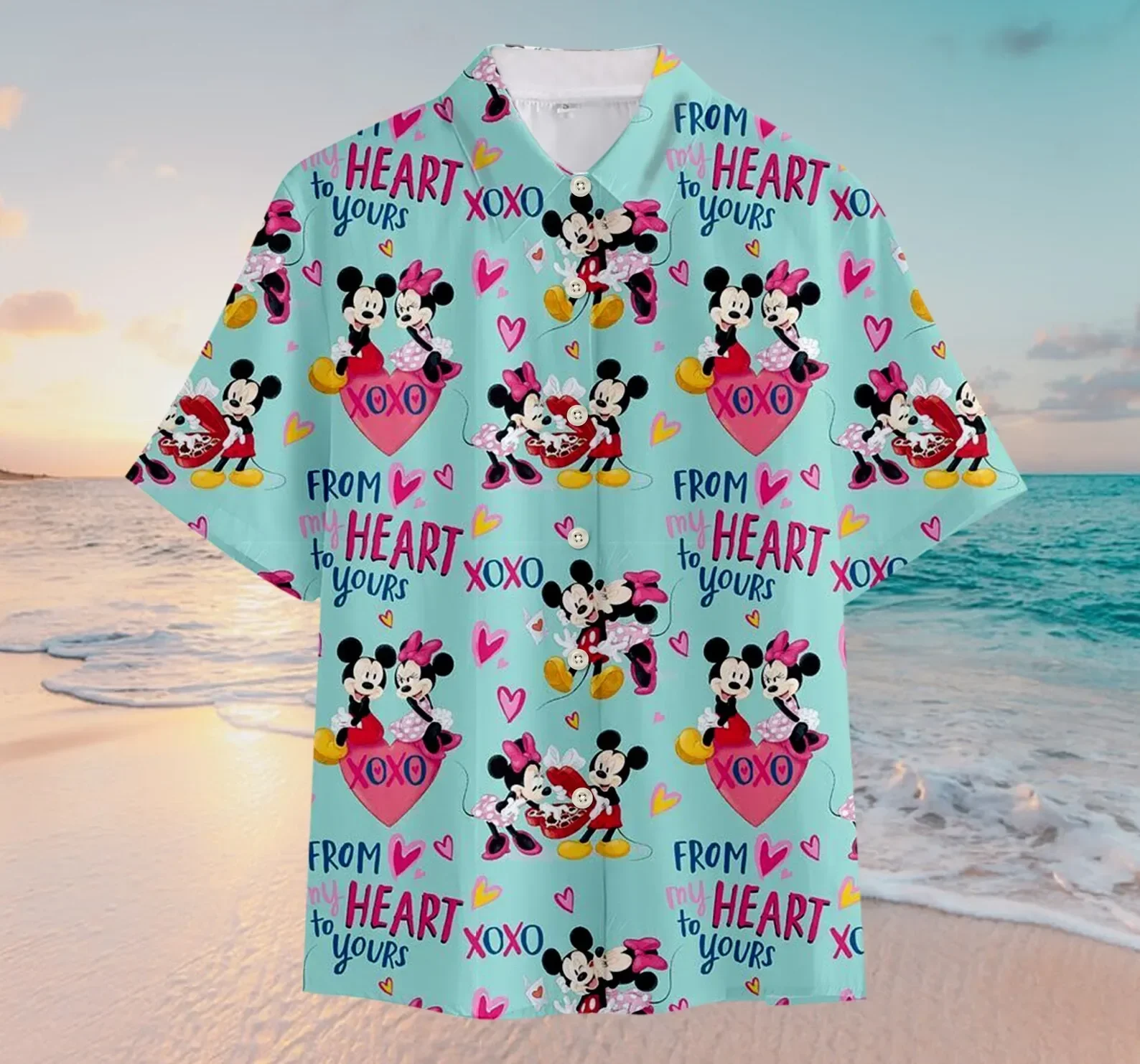 Coleção Miniso Disneyland masculina ícones Camisa Havaiana, Camisa de Botão, Mickey Minnie, Moda Praia Manga Curta